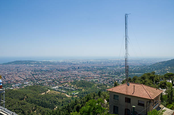 Wide panoramic view of Barcelona cityscape from a hillside with a communication tower and building in the foreground under a clear blue sky.