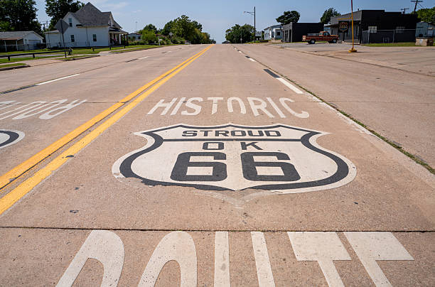 A ground-level, wide-angle perspective of the iconic Historic Route 66 shield painted directly on the pavement in Stroud, Oklahoma. The image shows the long, straight highway stretching into the distance under a clear blue sky, capturing the essence of the American road trip. This nostalgic scene features the \
