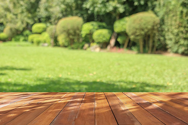 Empty wood table top with abstract blur park garden background