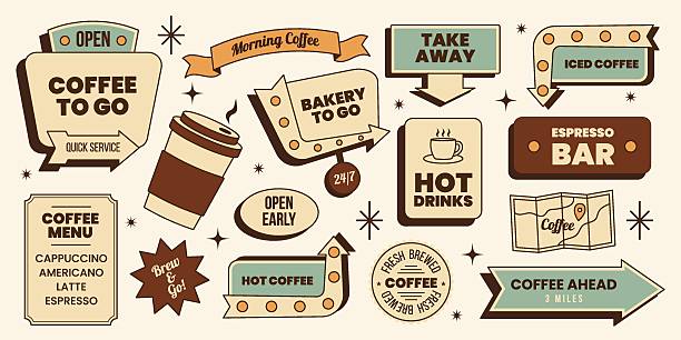 Retro coffee to go sign sticker set with arrows, slogans, coffee cup, lettering and more. Vector illustration in vintage brown teal colors mid century 50s style for branding, menu, print, travel blog