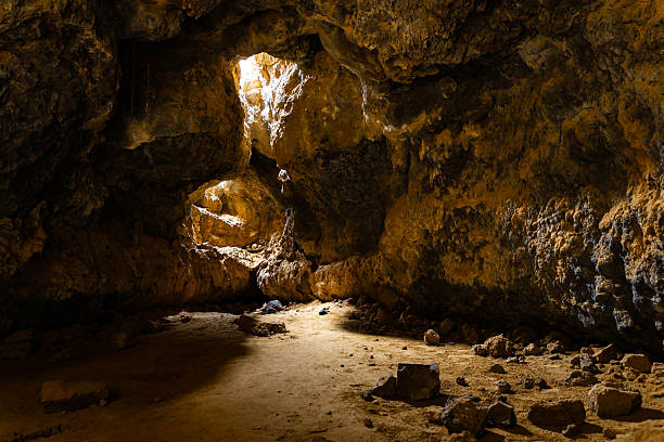 Sunlight enters through ceiling openings illuminating the interior of a lava tube cave in the Mojave Desert