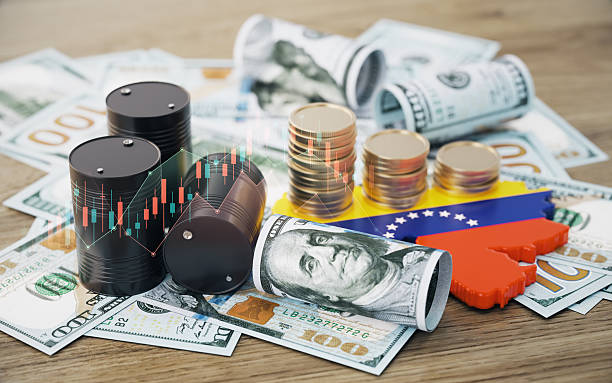 Black Oil Barrels and Stack Coin, Venezuela World State Border Map, Flag Textured, Financial Charts on 100 American Dollar Bills