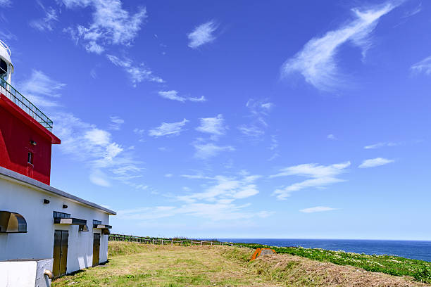 a green field with a few houses and a body of water with clouds in the sky