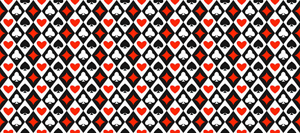 Seamless playing cards pattern. Repeating diamonds, spades, clubs, hearts symbols background. Poker or casino table theme wallpaper. Repeated lozenge gambling concept texture. Vector