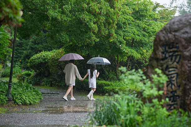 Two people walking in the rain holding umbrellas. The woman is wearing a white dress. Scene is sad and gloomy