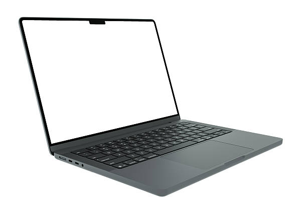 Modern laptop computer with blank white screen, isolated on white background. Concept of technology, mockup, digital workspace, online business, software, website presentation, user interface, remote work and copy space for design or advertising.