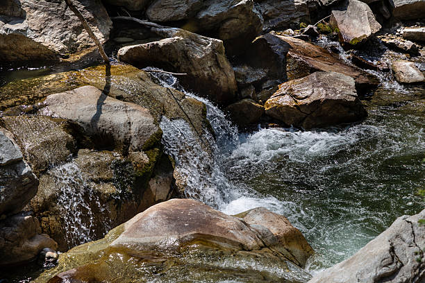 Landscape on the upper course of the river Gilort, Gorj, Romania. Mountain river with clear and clean water.