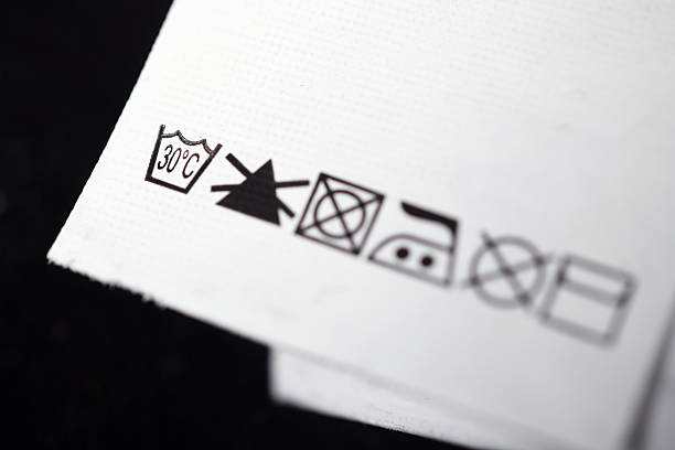 Care label with washing instructions on a dark fabric garment