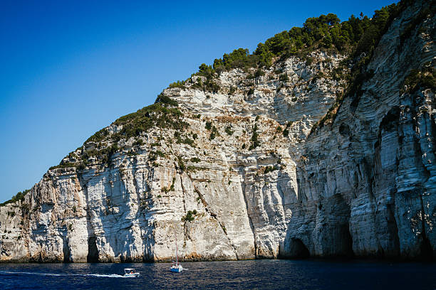 Boat at anchor on a cliff coast