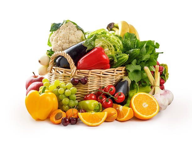 istock Vegetables and fruits in wicker basket isolated. Organic vegetable on white background 2256403105