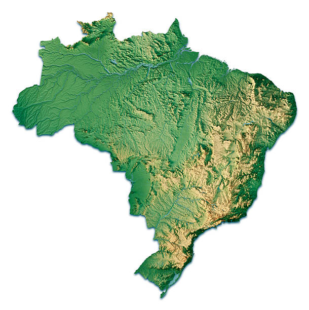 3D Render of a Topographic Map of Brazil. Isolated on white background.All source data is in the public domain.Color texture: Made with Natural Earth. http://www.naturalearthdata.com/downloads/10m-raster-data/10m-cross-blend-hypso/Relief texture: GMTED 2010 data courtesy of USGS. URL of source image:https://topotools.cr.usgs.gov/gmted_viewer/viewer.htmWater texture: SRTM Water Body SWDB: https://dds.cr.usgs.gov/srtm/version2_1/SWBD/