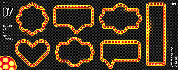 Circus rectangle sign with marquee light. Carnival frame for theater board or Vegas showtime. Vintage neon bulb border for retro cinema poster. Blank signboard background. Quiz speech bubble.