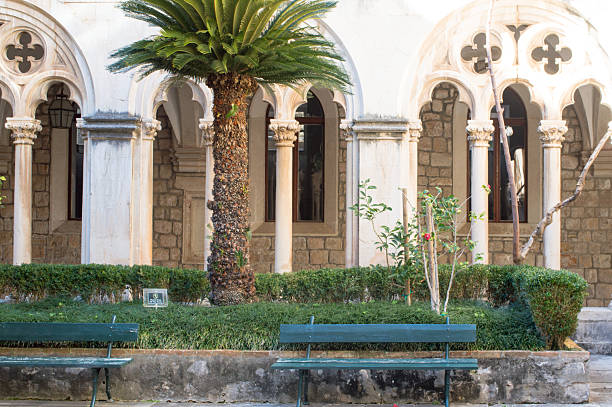 Inner courtyard of Dominican monastery in Dubrovnik, Croatia with gothic arcade and arches