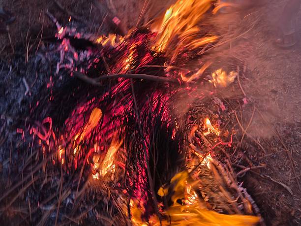People warming their hands and feet over a glowing campfire. Bright orange flames flicker amidst charred wood and grey ash. This is a traditional way to keep the body warm during cold weather.