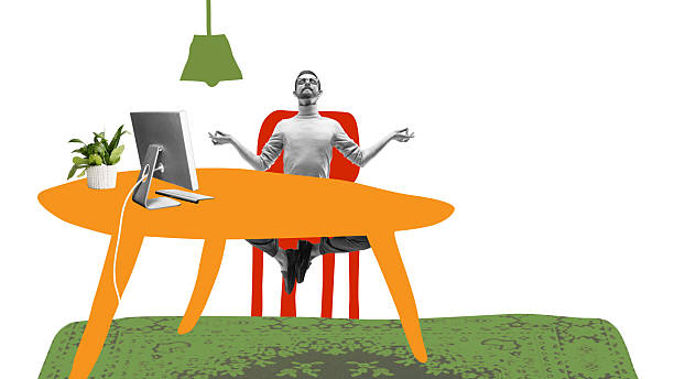 istock Creative collage. Man meditating at orange desk with computer expressing calm focus and balance 2256434817