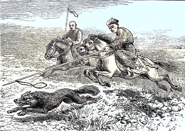 Mongol men riding horse catching wild dogs or wolves, Mongolia, Victorian, Vintage illustration 19th Century