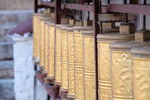 Neatly Arranged Prayer Wheels in Tibetan Temple