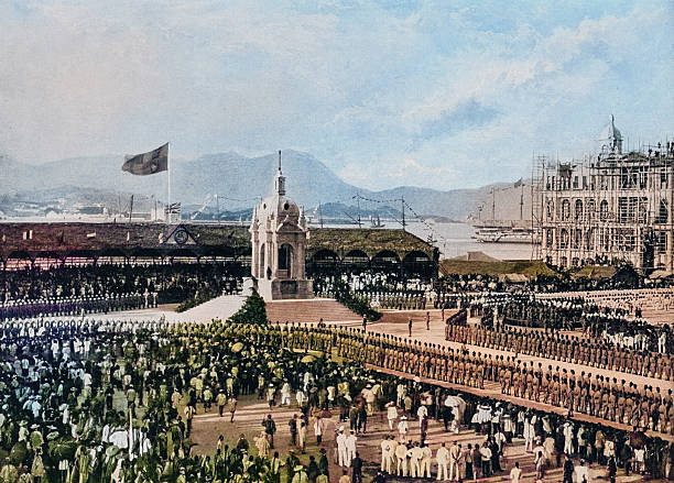 Black and White Photograph of the British Empire in the 19th Century: Ceremonies, traditions and customs, Inaugurating the Queen's Statue, Hong Kong, May, 1896