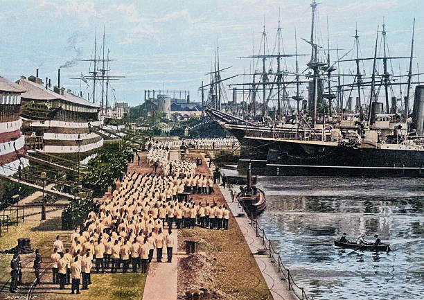 Black and White Photograph of the British Empire in the 19th Century: Government, Navy and Army, Skeleton Crews, Portsmouth Dockyard