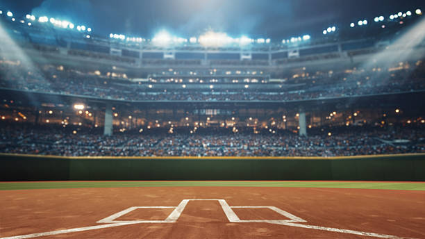 Closeup of home plate inside cinematic 3D rendered baseball stadium with dramatic lighting. Concept of intense sports moments, game anticipation, editorial sports visuals, and iconic stadium backdrop.
