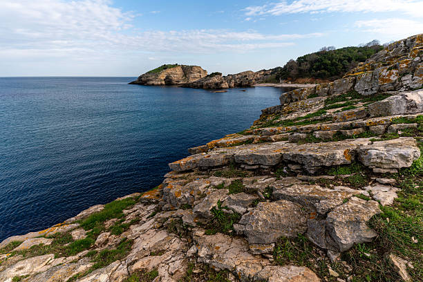 Sardala Cove is located in Kandıra, Kocaeli, where clear turquoise water meets a rocky coastline and low coastal vegetation under natural daylight.