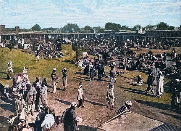 Black and White Photograph of the British Empire in the 19th Century: Markets and retail, Market Square, Peshawur