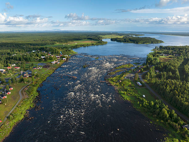 Aerial view of Kukkolaforsen, a section of rapids in Torne river on the border of Sweden and Finland.