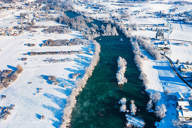 Winter in Croatia. Mreznica River, waterfalls, idyllic rural winter landscape