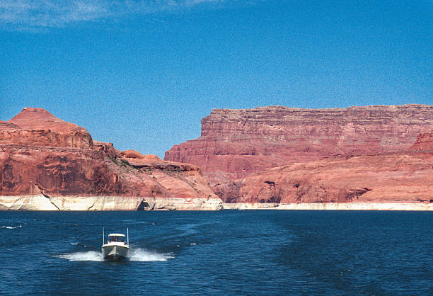 Lake Powell - Boat and canyon walls - 1990. Scanned from Kodachrome 200 slide.