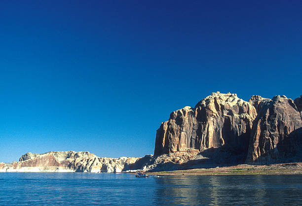 Lake Powell - Boat and butte - 1990. Scanned from Kodachrome 25 slide.