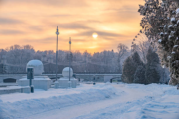 A frosty morning in Minsk covered with snow. Winter