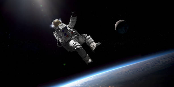 An astronaut in full spacesuit on spacewalk above Earth with moon visible in the background. Astronaut is 3D render