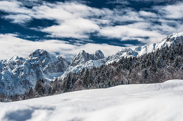 Snowfall in Trentino . Andalo , Molveno , Paganella , Fai della Paganella. Dolomiti di Brenta, cross-country skiing
