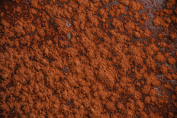 Close up of cocoa powder scattered on dark chocolate surface, creating rich brown food texture background for design and advertising use