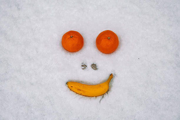 Creative winter composition forming happy smiley face using two oranges as eyes and banana as smile on white snow background