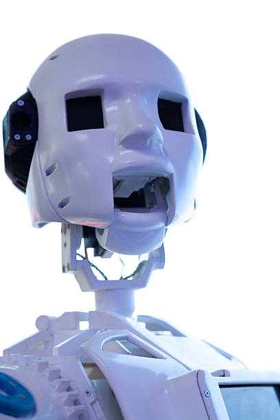 Robot head with open mouth close-up vertically on white background. Humanoid artificial intelligence white metal body visible wires and circuitry