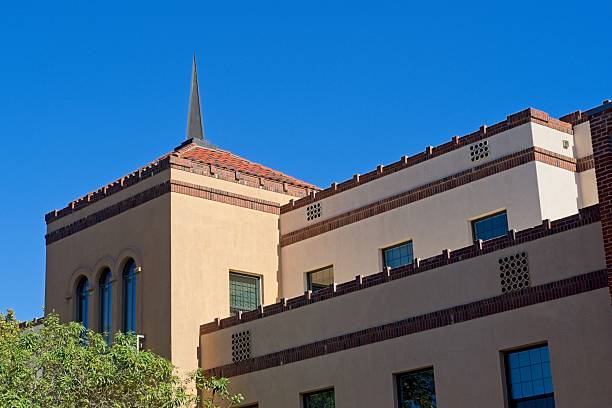 Roofline of Spanish architectural building in Woodland California.