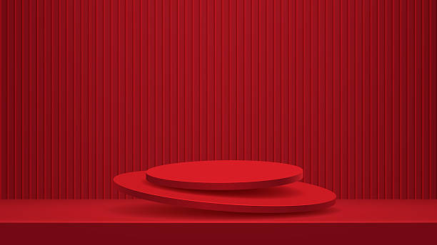 istock Realistic two red levitation cylindrical 3d podium for the presentation product 2256486482