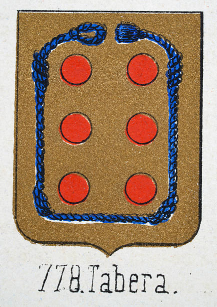 istock Medieval heraldry, Coat of arms, Shield with, Blue, Rope, Around, Six, Red, Dots, Gold, Spanish, Vintage illustration 2256492425