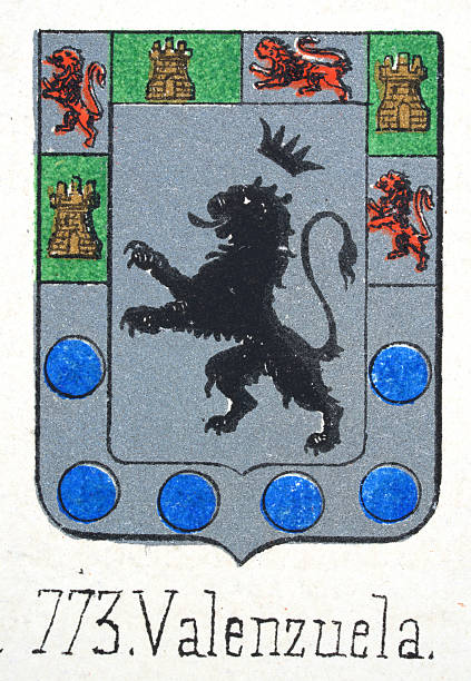 istock Medieval heraldry, Coat of arms, Shield with, Black, lion, rampant, Castle, silver, blue, dots, Spanish, Vintage illustration 2256492481