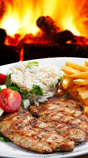 Rice,  grilled chicken steak salad