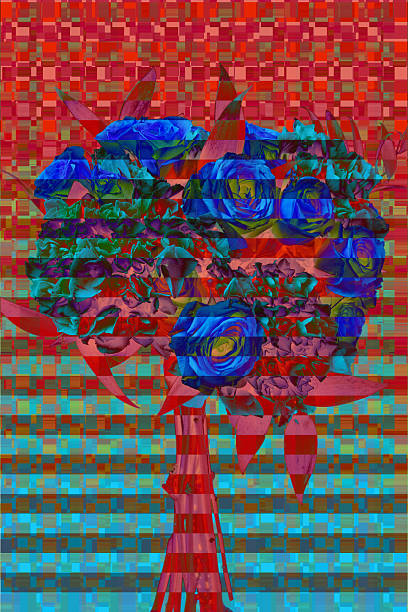 An artistic floral composition featuring a bouquet of blue roses and layered foliage set against a vibrant red and turquoise digital mosaic background. Horizontal bands and pixel-like textures add a contemporary, glitch-inspired aesthetic, blending organic floral forms with geometric abstraction.