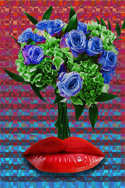 A surreal and contemporary artwork depicting a bouquet of blue roses and green foliage emerging from vivid red lips, set against a textured, colorful geometric background. The composition blends sensuality, nature, and abstraction, creating a bold visual metaphor for expression, beauty, creativity, and desire.
