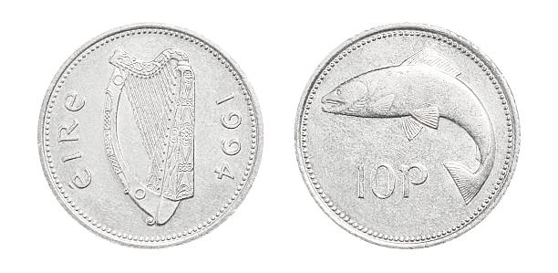 Irish 10 pence coin year 1994,showing harp and salmon designs, representing national currency, decimal coinage, and monetary history of Ireland.