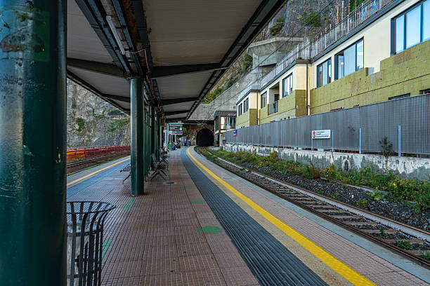 Manarola Train station at dawn in Cinque Terre, Italy.