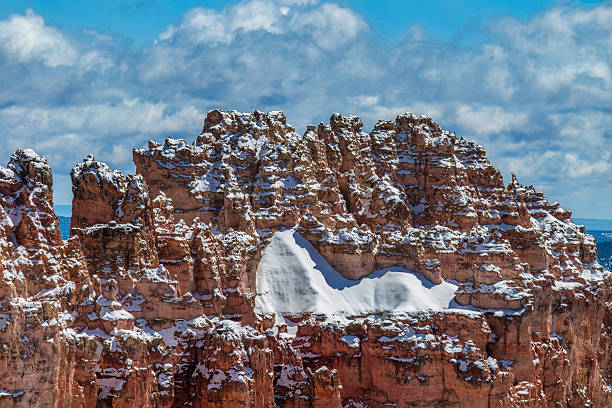 Sharp, rugged snow-covered ridge in Bryce Canyon National Park, Utah. Cloudy blue sky behind.