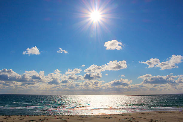 A tranquil afternoon view of the sandy Chihama coast and the Pacific Ocean in Kakegawa, Shizuoka, Japan. The winter sunlight creates beautiful textures on the sand and the water surface. A serene landscape capturing the vast nature of the Japanese coastline.