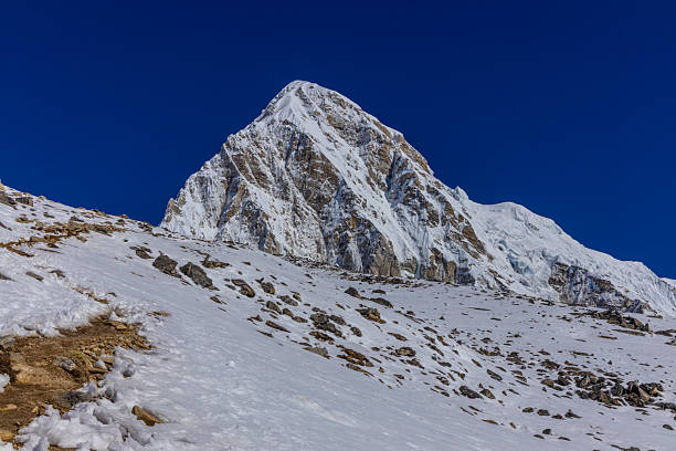 Everest Base Camp landscape in the Himalayas with rocky moraine, high altitude terrain, and surrounding snow covered peaks in Nepal. Mountain environment showing expedition route, extreme elevation conditions, glacial geology, adventure travel, and remote alpine scenery background