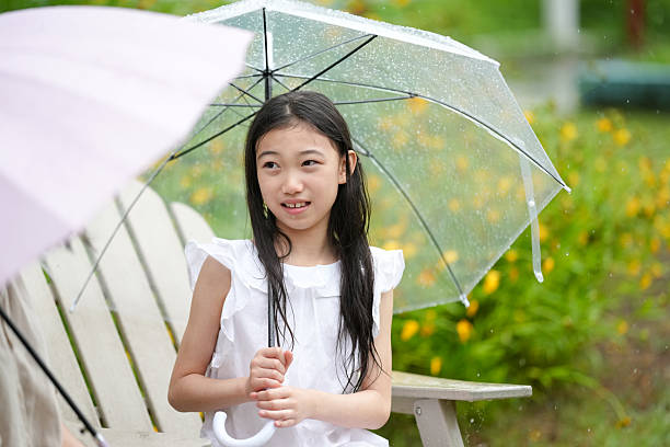 A young girl sits under a clear umbrella in the rain. She is smiling and she is enjoying the moment