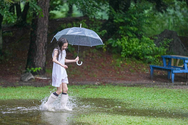 A girl is walking in the rain with an umbrella. Scene is lighthearted and playful, as the girl is enjoying the rain and splashing in puddles